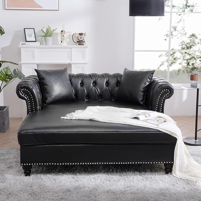 62.99 Chaise Lounge Indoor Comfy Reading Chair with 2 Pillows PU Leather Chesterfield Loveseat Sofa with Tufted Back &amp Rolled Arm Oversized Chaise Lounge Couch Indoor for Living Room Black