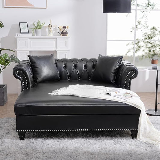62.99 Chaise Lounge Indoor Comfy Reading Chair with 2 Pillows PU Leather Chesterfield Loveseat Sofa with Tufted Back &amp Rolled Arm Oversized Chaise Lounge Couch Indoor for Living Room Black