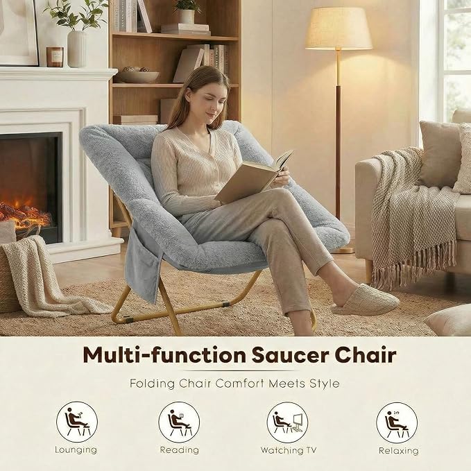 Folding Saucer Chair Comfy Reading Chair with Soft Thick Padded Seat Plush Faux Fur Lounge Chair for Small Space Bedroom Dorm Living Room X-Large Lazy Chair for Adults Teens Kids