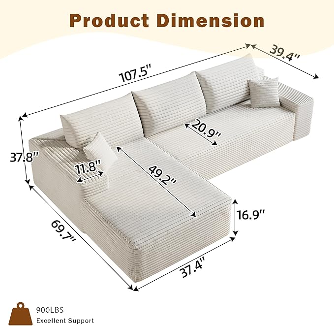Oversized Corduroy Sectional Boneless Couch 108 W L Shaped Modular Sectional Sofa with Chaise/Ottoman No Assembly Required Compress Couches for Living Room (White 3 Seater+Left Chaise)