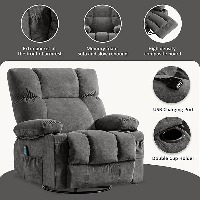 Fantasylab Recliner Chair with Vibration Massage &amp Lumbar Heating 360° Swivel Oversized Rocker Recliner with USB Charging Port Two Cup Holders &amp Side Pocket for Living Room
