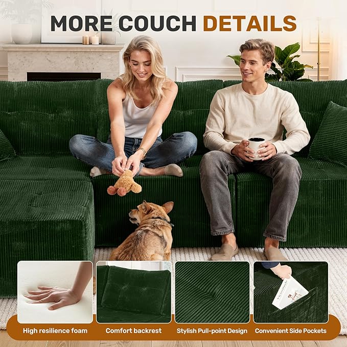143 Modular Sectional Sofa for Living Room Convertible U-Shape Couch with Ottoman 6 Seater Modular Sectional SofaGreen Corduroy
