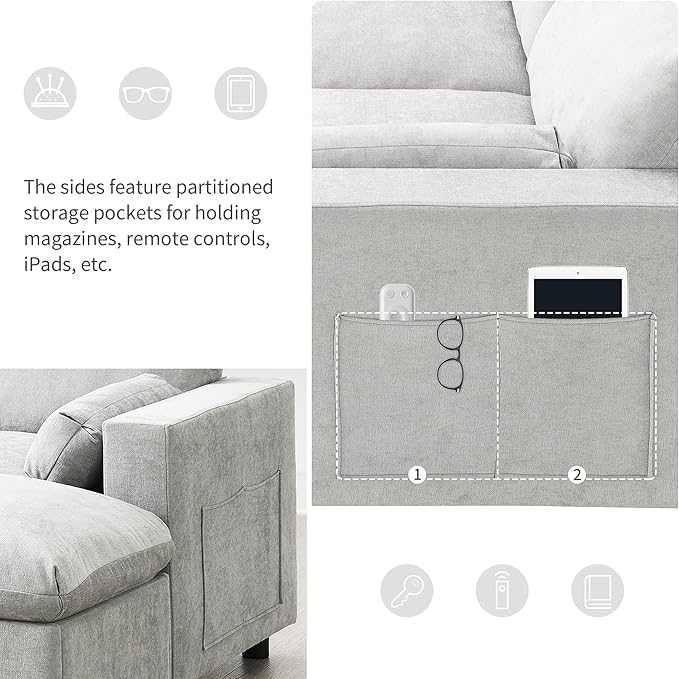 Merax 86.5 Sectional Sofa with Storage Pockets &amp Removable Ottomans 5 Seat U Shaped Sleeper Cloud Couch Set Convertible L-Shaped Chenille Upholstered SofaBed for Living Room and Apartment Grey