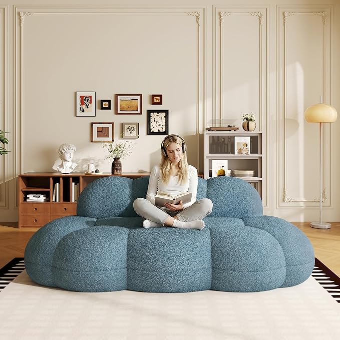 90 Curved Boucle Couch Comfy Cloud Shaped Boneless Couches for Living Room Modern Deep Seat Loveseat Lazy Floor Sofa for Bedroom Apartment Small Space (No Assembly Blue)