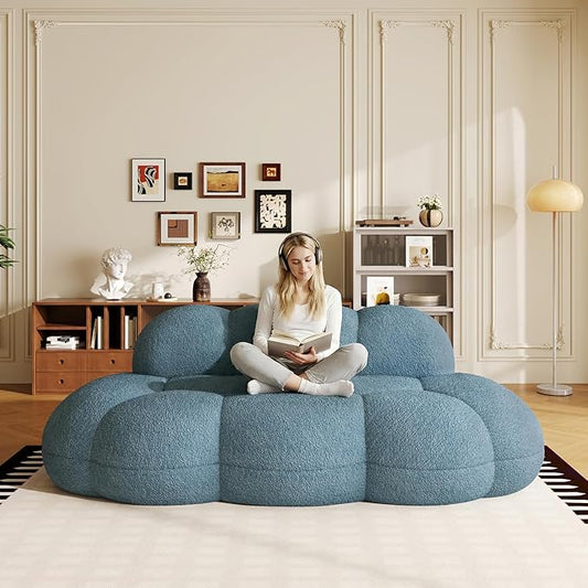 90 Curved Boucle Couch Comfy Cloud Shaped Boneless Couches for Living Room Modern Deep Seat Loveseat Lazy Floor Sofa for Bedroom Apartment Small Space (No Assembly Blue)