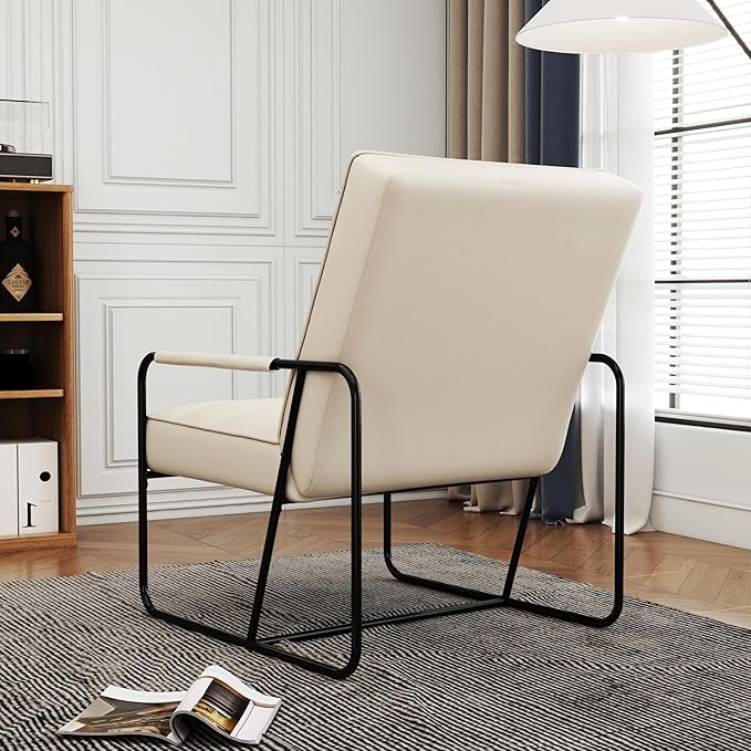 Modern Metal ed Armchair with Beige Technical Leather Stylish Comfortable Indoor Lounge Accent Chair for Living Room OfficeBedroom