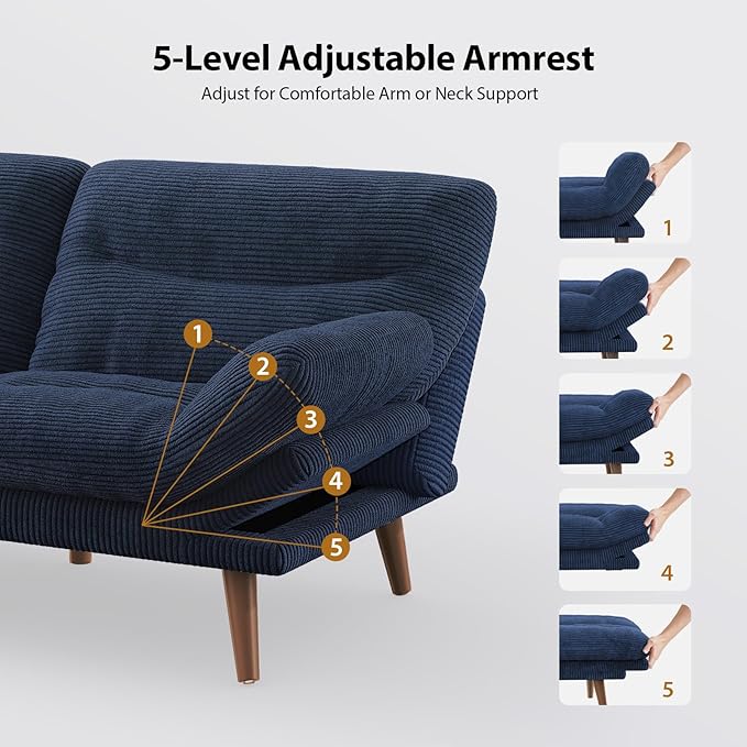 Pipishell Futon Sofa Bed 66 Inch Corduroy Futon Couch Convertible with Adjustable Backrest and Armrests Recliner Sleeper Sofa for Small Spaces Living Room Office Guest Room (Blue 66 Inch)