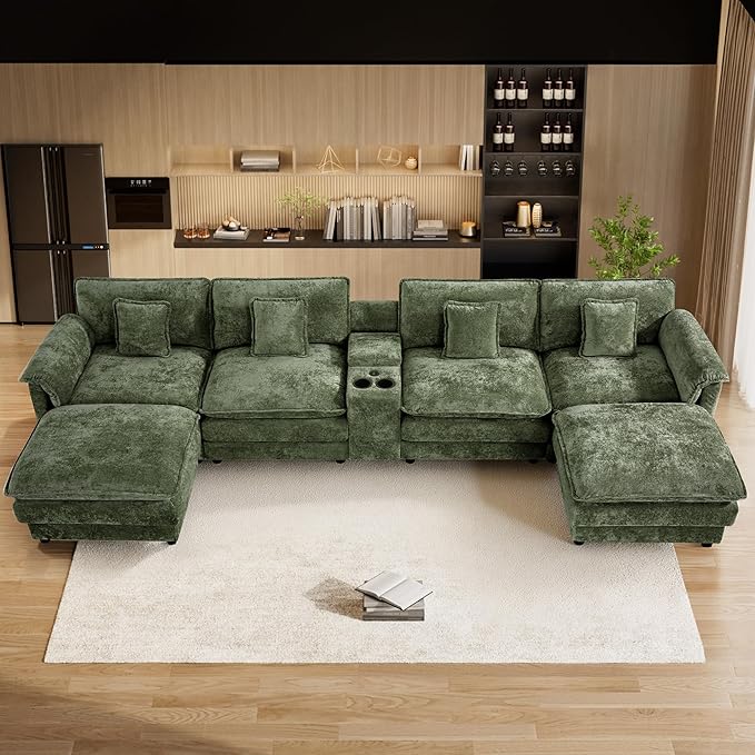 152 Oversized Modular Sectional Sofa U Shaped Cloud Couch Modern 6 Seat Sofa Set for Living Room Comfy Chenille Couch with Storage Central Console Movable Ottomans Cup Holders USB Ports Green