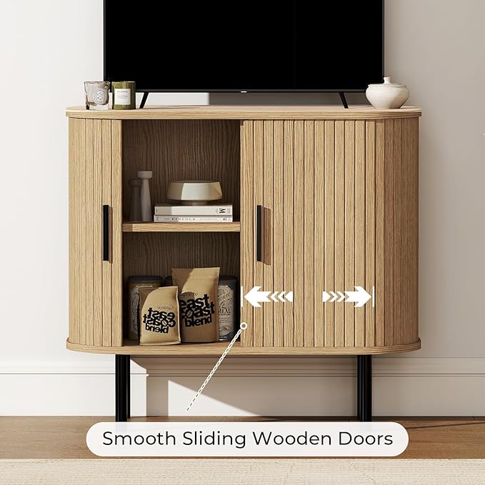 BREEZEHEAT 35 Mid Century Modern TV Stand-Fluted Sideboard Cabinet–Tambour Small Buffet Cabinet w/Sliding Doors &amp Adjustable Shelves–Small TV Cabinet for Living Room