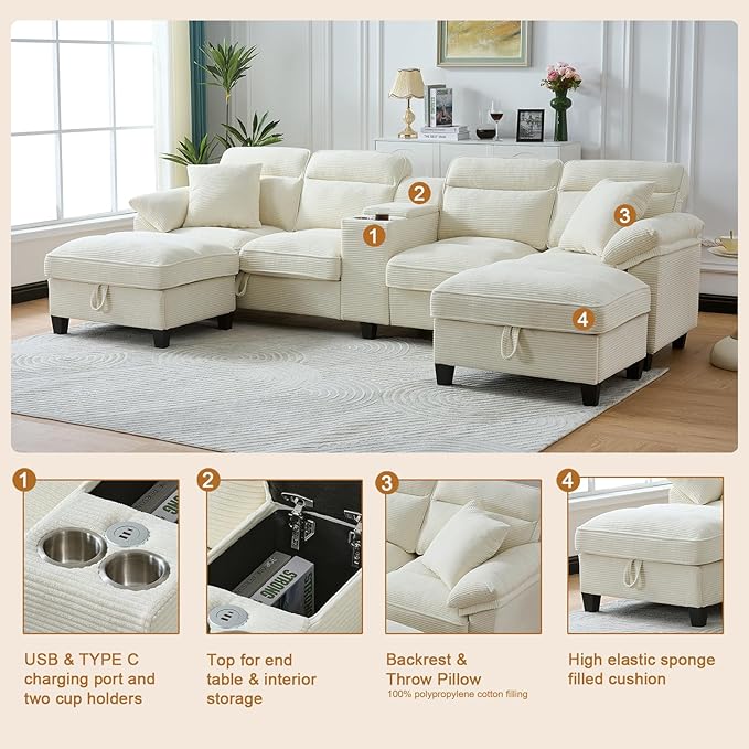 117 Inch Sofa CouchSectional Couches for Living Room with 2 Cup HoldersCorduroy Modular Sectional Sofa with Movable and Storable Ottoman.（Beige）