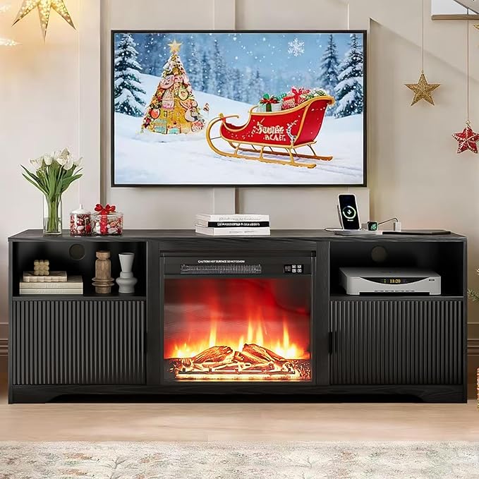 Fireplace TV Stand for Television up to 80 InchEntertainment Center with Adjustable ShelfMid-Century Modern Fluted TV Stand with 23 Electric FireplaceMedia Console for Living RoomBedroom