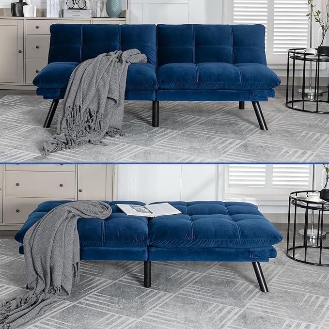 Anwick Modern Futon Couch Bed Sofa: Velvet Fabric Quick Folding Armrest Space-Saving Convertible 2 Seater Loveseat for Living Room Bedroom Small Rooms Apartment (Blue)
