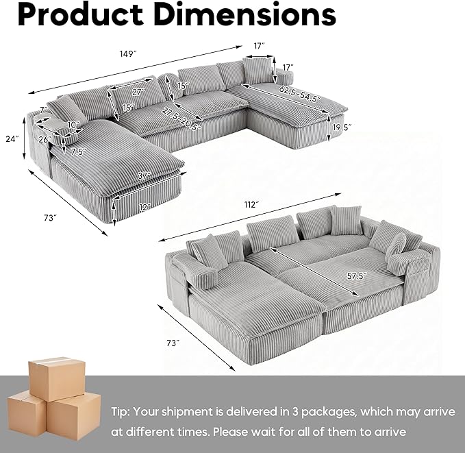 Oversized Cloud Boneless Couch 149 Modular Sectional Sofa with Deep Seat Chaise Fluffy U Shaped Couches for Living Room Comfy Plush Corduroy Sofa with Pillows No Assembly Light Grey