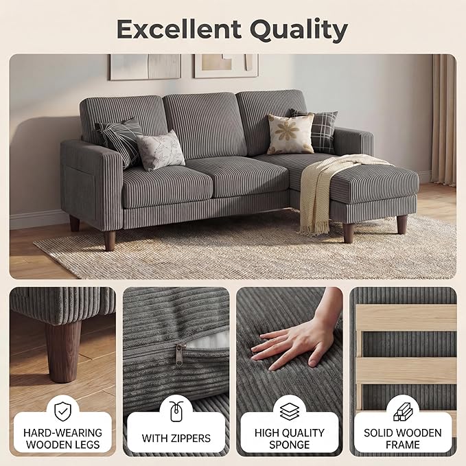 Homall 3 Seat Couch L Shape Sofa with Side Storage Pockage Sectional Couches with Reversible Ottoma Upholstered Sofa for Living Room and Small Spaces (Corduroy Grey)