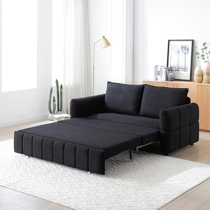 Black Convertible Sleeper Sofa Couch Full Size 3-in-1 Pull Out Sofa Bed for Living Room Small Space Loveseat for Home Office Bedroom Apartment