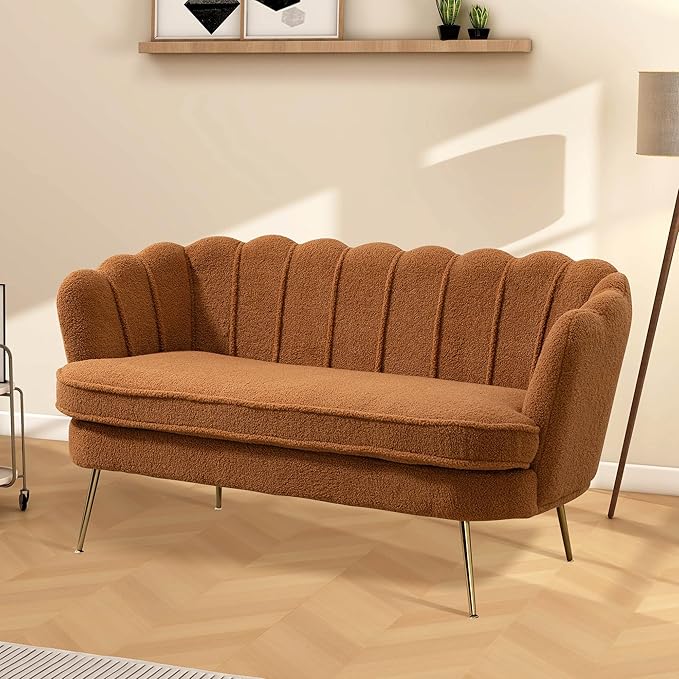 Aoiy &amp Wifon 59 W Comfy Small Loveseat for Small Spaces Upholstered 2-Seat Settee Loveseat with Metal Legs Boucle Caramel