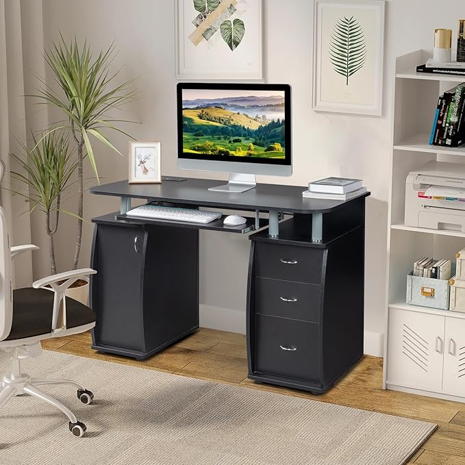 JHshop Black Writing Home Office Workstation Office Desk with Drawers Computer Desk with 3 Drawers Home Office Desks with Filing Cabinet Modern Writing Table PC Desks 115 x 55 x 74CM