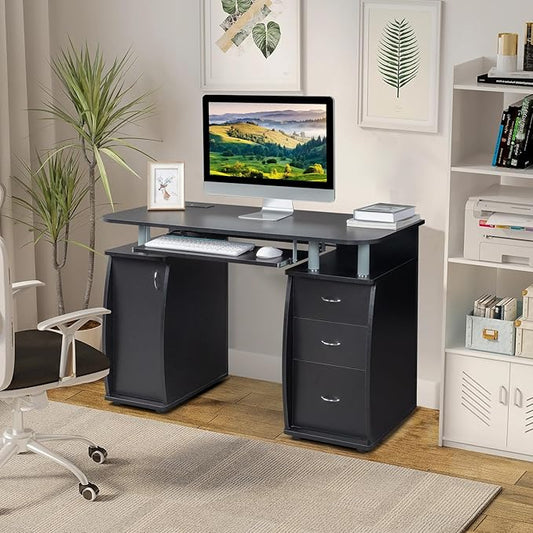 JHshop Black Writing Home Office Workstation Office Desk with Drawers Computer Desk with 3 Drawers Home Office Desks with Filing Cabinet Modern Writing Table PC Desks 115 x 55 x 74CM