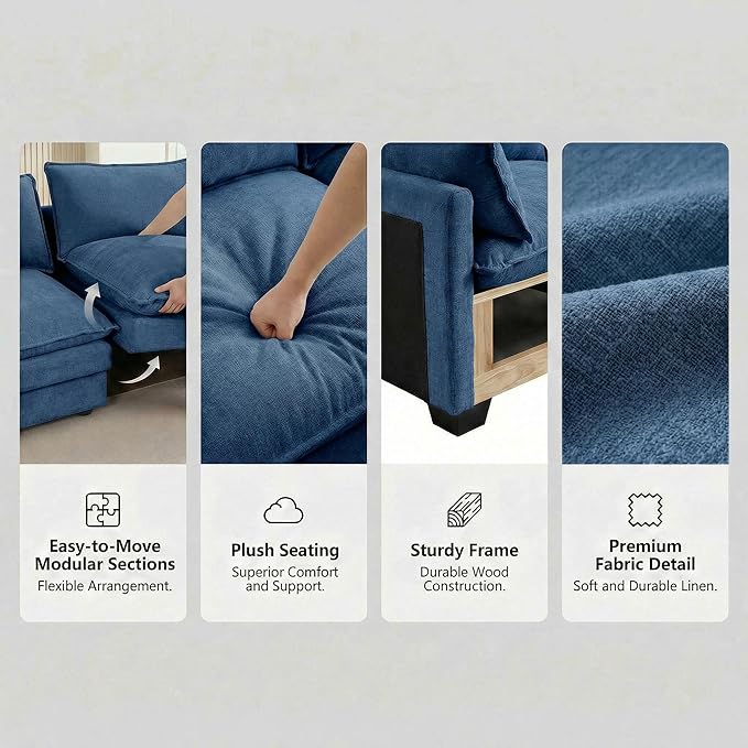 Homy Casa 102 Inch L Shaped Couch Set3-Seat Sectional Sofa with Chaise Comfortable Chenille Fabric Removable Cushions Ottoman DIY CombinationModern Design for Living/Family Room (Blue)
