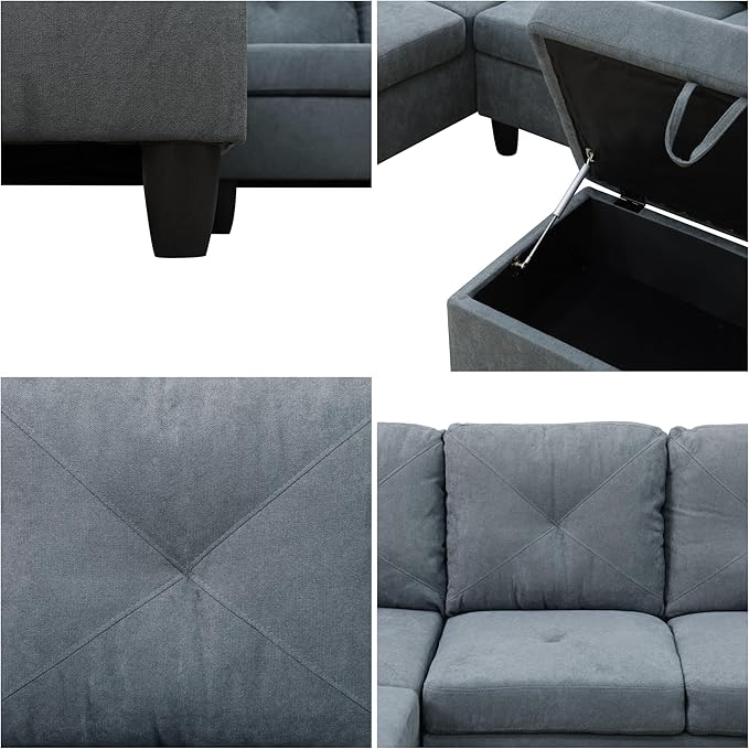 L Shaped Sectional Couches Modern Convertible Lounge Sofa with Ottoman Storage Comfy Modular Sectional Sofa for Living Room Furniture Sets Small Spaces Bedroom Grey A