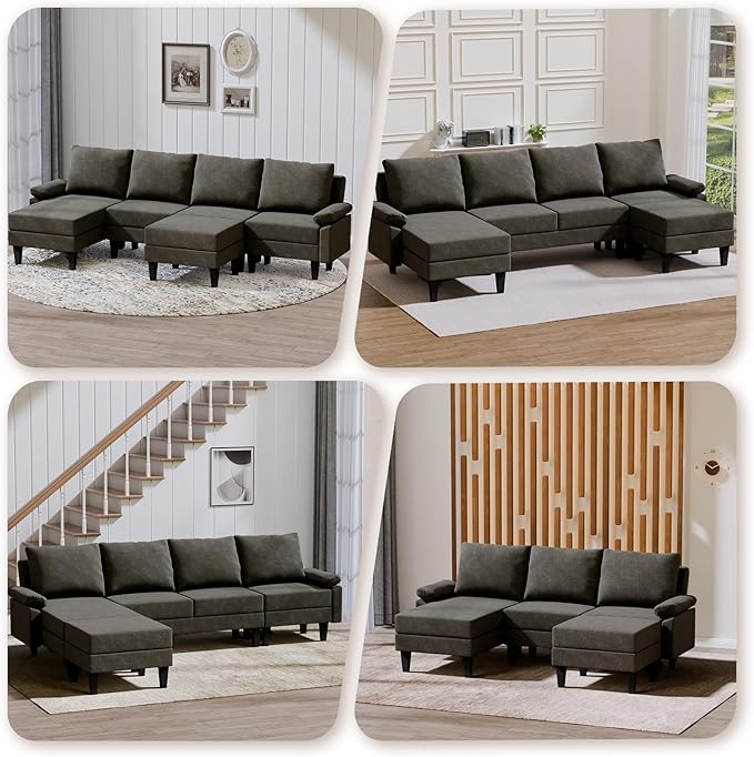 115 Modular Sectional Sofa U Shaped Sectional Comfy Couch for Living Room Convertible Modular Sofa Couch with Ottomans and Chaise High Supportive &amp Soft Sponge 6 Seats Brown