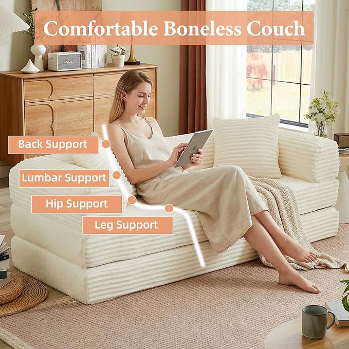 78 Inch Convertible Futon Sofa BedFolding Boneless Couch with Sleeper SofaFold Out Floor Sofa Couch with Deep SeatCloud Corduroy Foldable Mattress Couches for Living Room(Off White)