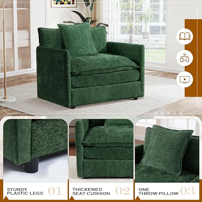 Oversized Chaise Lounge Chair Indoor Modern Comfy Chenille Cloud Accent Chair and A Half with Ottoman Single Deep Seat Sofa Couch Reading Armchair for Living Room Bedroom Apartment Green