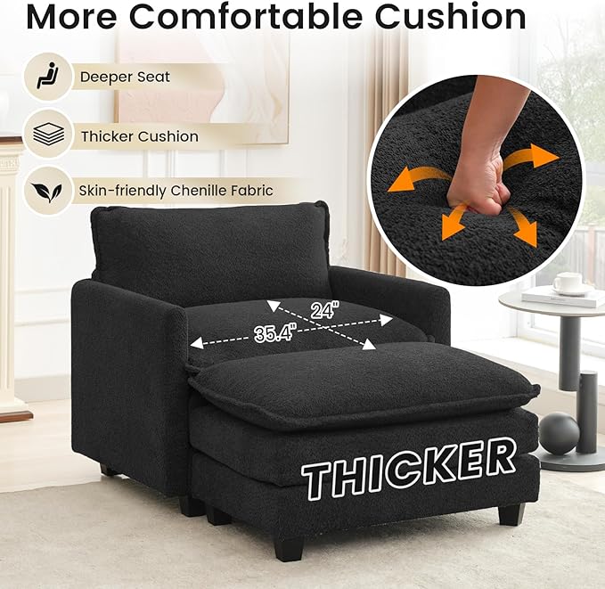 ROWHY Convertible Sectional Couch with Ottoman Single Armchair with armrests Modern Living Room Furniture Set Small Couches for Small Spaces for Living Room Chenille Black