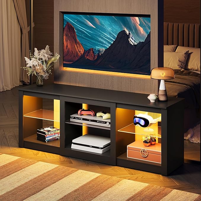 WLIVE Modern LED TV Stand for 65 70 Inch TV 58 Entertainment Center with Adjustable Glass Shelves &amp RGB Lights Wood Media Console Table for Living Room Bedroom Gaming Room Black