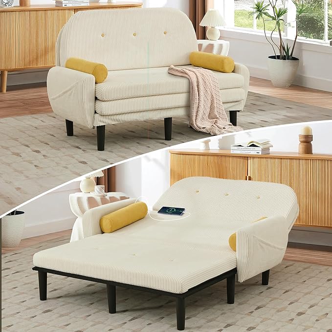 Convertible Sofa Bed 3 in 1 Pull Out Couch Futon Loveseat Sleeper with Adjustable Backrest Removable Armrests Side Pockets &amp USB Charging for Living Room Apartment Small Space (Ivory)