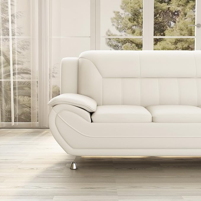 Michael Modern Faux Leather Upholstered Stainless Steel Legs Living Room Sofa Cream White