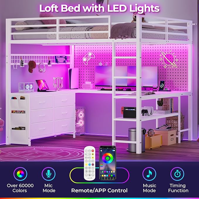 ADORNEVE Loft Bed Full Size with U-Shaped Desk 6 Storage Drawers Power Outlet LED Metal Loft Bed with 2 Storage Shelves Bed with Safety Guardrail &amp LaddersSpace-SavingWhite