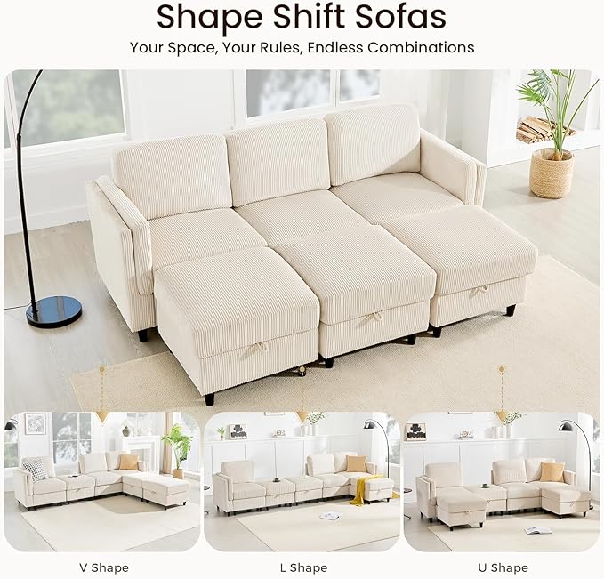 KKL 6 Seaters Sofa Bed for Living Room - Sofa Couch with Storage Ottoman Convertible L/U-Shaped Sleeper Couch for Living Room Modern Reversible Design Beige
