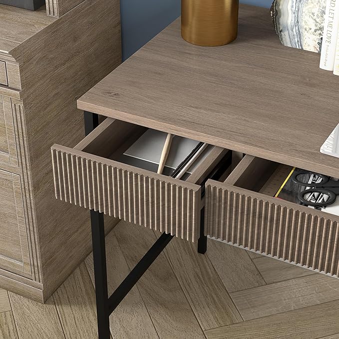 Henn&ampHart 48 Fluted Mid-Century Modern Rectangular Wooden Home Office Desk Computer Desk Writing Table with 3 Ribbed Storage Drawers for Bedroom Living Room or Home Office Weathered Gray