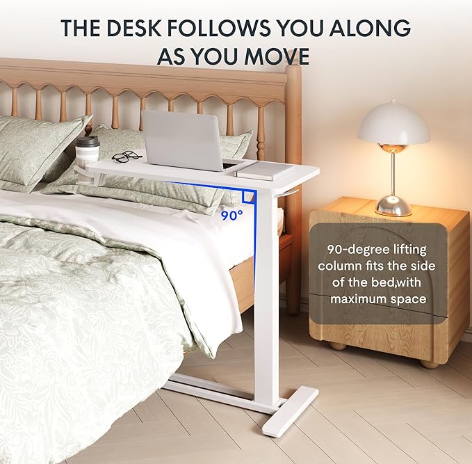 FLEXISPOT H7 Adjustable Overbed Bedside Table with Wheels Pneumatic Mobile Standing Desk Laptop Desk Rolling Computer Cart Movable Overbed Table Hospital Home Use(27.6 W x 15.7 D White)