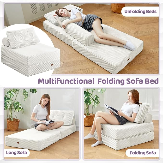 Folding Sofa Bed Chair Sleeper Chair for Adults with High-Density Foam and PillowPortable 3 in 1Folding Chair Bed for Living Room、Apartment 、HotelSingle Creamy Apricot