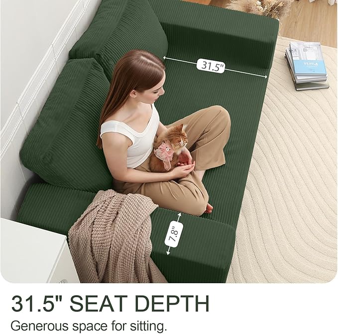 COMAX Convertible Sofa Bed Queen Folding Fold Out Couch Bed Floor Futon Couch Corduroy Sleeper Mattress with Back Pillows Boneless Sofa Comfy Lounge Loveseat for Living Room Bedroom Green
