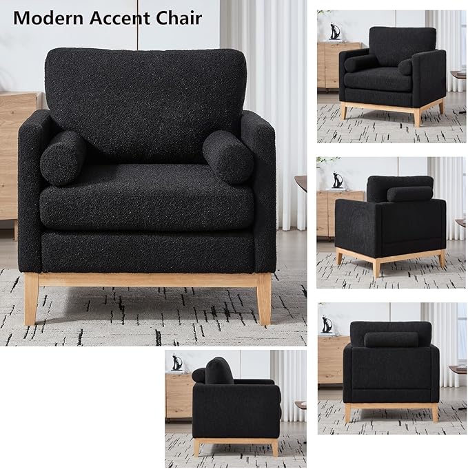 35.4 Black Boucle Modern Accent Chair with Wood Legs - Pocket Spring Foam SeatBolster PillowsEasy Assembly Reading Armchair Single Sofa for Living Room &amp OfficesLounge (Black+Natural Legs)