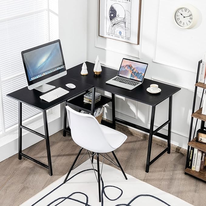 Tangkula L Shaped Desk Space Saving Corner Desk w/ 2 Tier Storage Shelves Study Writing Desk Workstation with Reinforced Metal Frame Home Office Desk (Black)