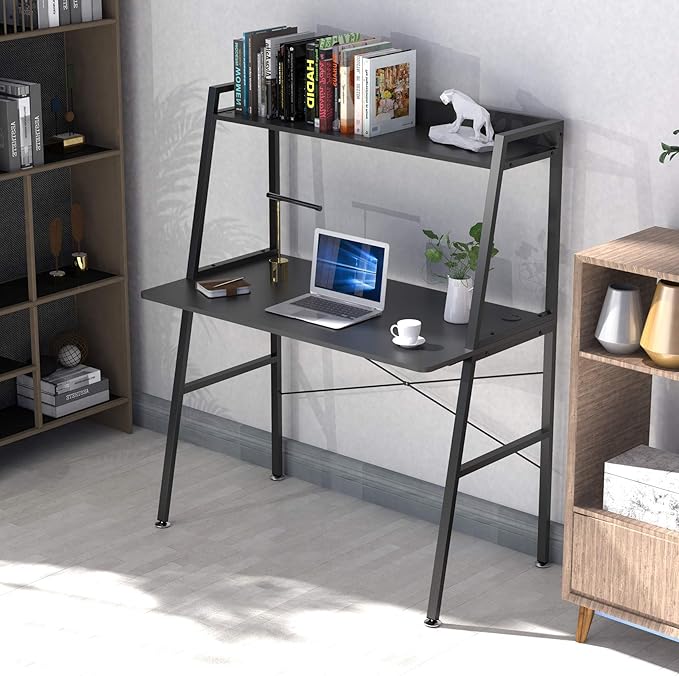 EUREKA ERGONOMIC 43 Inch Ladder Bookcase with Desk Industrial Ladder Desk Ladder Desk with Shelves2-Tier Home Office PC Ladder Table with Bookshelf Modern Workstation Metal Frame