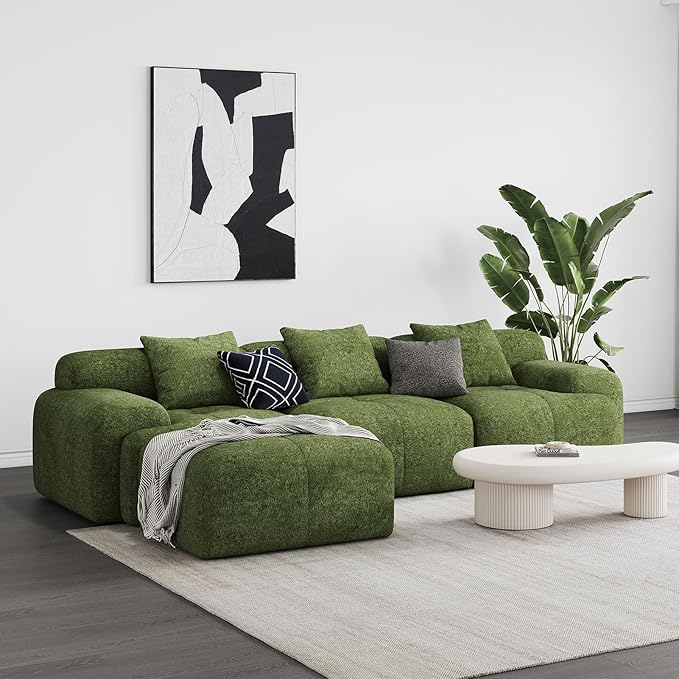 Modern L-Shaped Modular Sectional Sofa for Living RoomOversized 3-Seater Couch with Deep Seat and Movable Ottoman – No AssemblyComfortable Suede Fabric Boneless Sofa (Dark Green)