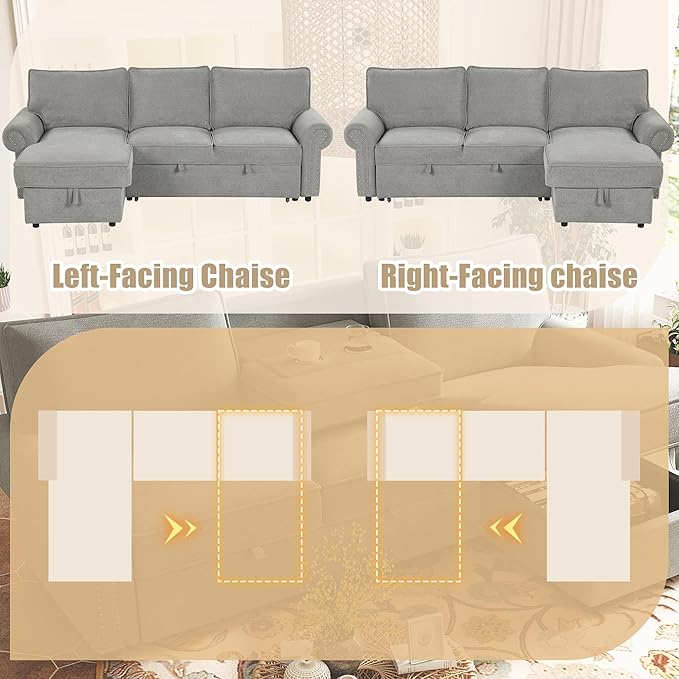 95 Convertible Sofa Bed Sectional Sofa Sleeper with Storage Chaise Pull-Down Backrest with 2 Cup Holders Arc Armrests with Nailhead Trim Polyester Fabric Acacia Wood Frame (Grey-12s)