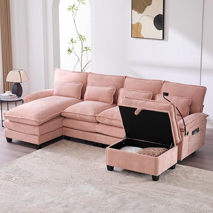 U Shape Modern Modular Sectional Sofa Cloud Couch with Storage Ottoman 4-Seat Upholstery Chenille Deep Seat Sofa with Charging Port for Living Room Pink