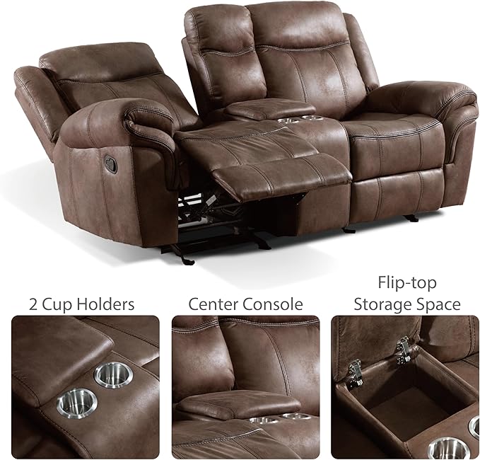 24/7 Shop at Home Amos Oversized Nursery Glider Recliner Chairs for Adults Manual Comfy Reading Couch Overstuffed Reclining Loveseat Sofa Adjustable Comfy Theater Seating for Living Room Brown