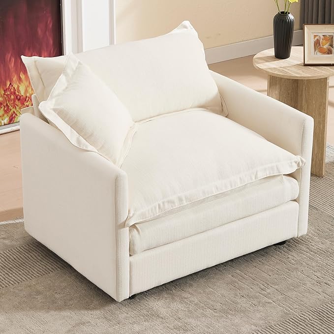 Oversized Chair with Ottoman Upholstered Comfy Single Sofa Chaise Lounge Chair Indoor for Reading Living Room Bedroom Office(Linen White)