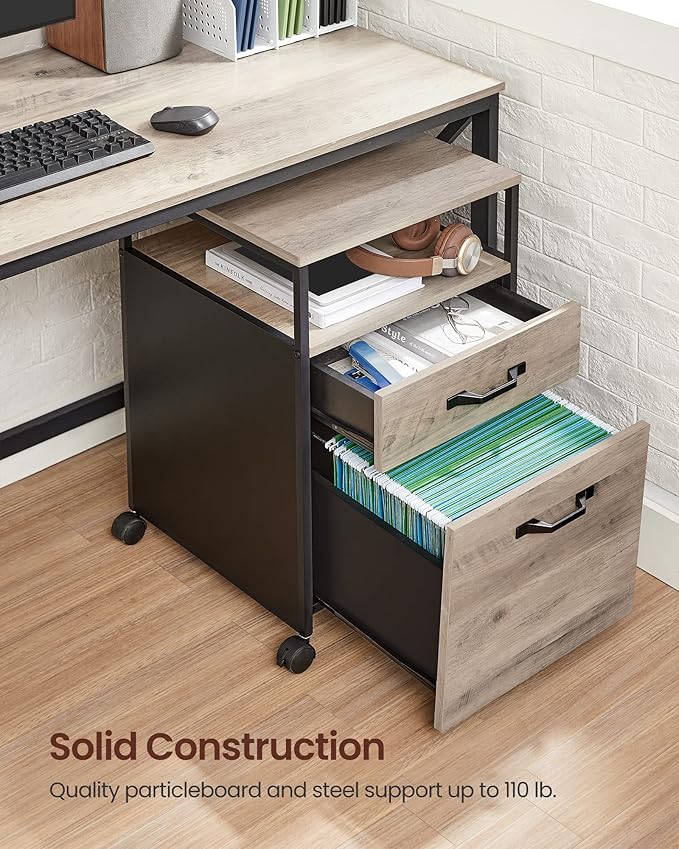 VASAGLE File Cabinet Mobile Filing Cabinet with Wheels 2 Drawers Open Shelf for A4 Letter Size Hanging File Folders Heather Greige and Ink Black UOFC071B02