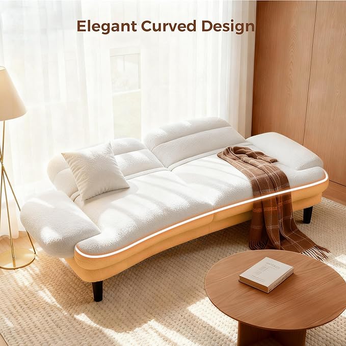 79'' Futon Sofa Bed Plush Sherpa Cloud Futon Sofa Couch with Adjustable Backrest and Armrests Foam and Spring Folding Sofa Bed Convertible Recliner Sleeper Sofa for Apartment Living Room Beige