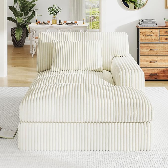 Oversized Chaise Lounge Sofa Chair IndoorSoft Corduroy Fabric Boneless sofawith CushionA Comfortable deep-Seated Cloud Sofa for use in The Living Room.(Singler-Right-arm-White)