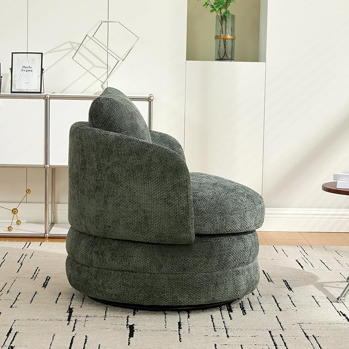 30 Modern Round Chenille Barrel Accent Chair 360° Swivel Ergonomic Comfy Upholstered with Pillow for Living Room Bedroom Reading Room Balcony Lounge Green