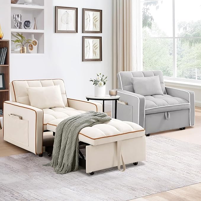 3 in 1 Convertible Sleeper Sofa Chair BedVelvet Tufted Upholstered Pull Out Sleeper Chair with Adjustable Backrest &amp Side PocketsModern Lounger Bed Recliner for Living Room/Office/Small Space(Be